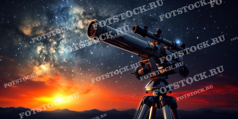 На фотографии изображен телескоп, направленный на звездное небо, с ярким закатом на горизонте. Снимок передает атмосферу ночного неба и увлечения астрономией, символизируя стремление к исследованию космоса.